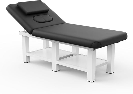 pouseayar Metal Frame Wide Stationary Massage Table for Treatment Table Physical Therapy Table Spa Facial Bed, PU Leather 31.5'' Wide 75'' Long (Black, Segmented Structure)