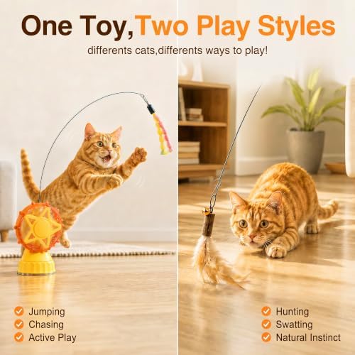 Interactive Cat Toy for Indoor Cats, Treat Dispenser with Reusable Adhesive Base, Feather & Plush Teasers for Exercise and Independent Play