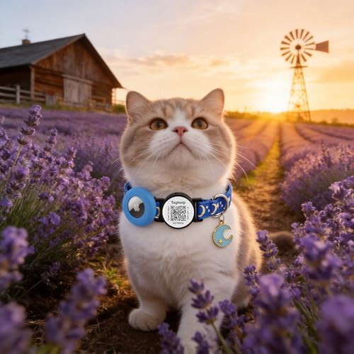 Stars and Moon AirTag Cat Collar with AirTag Holder,Air Tag Cat Collar for Apple. Solid & Safe, Pet Collar, Breakaway Cat Collar, QR Code Cat ID Tags - Pet Online Profile(Blue)