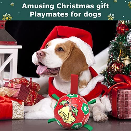 QDAN Christmas Dog Balls with Straps, Squeaky Dog Toys for Indoor Outdoor Playing, Puppy Birthday Gifts, Pet Toy Ball, Durable Herding Balls for Dogs (8 Inch)