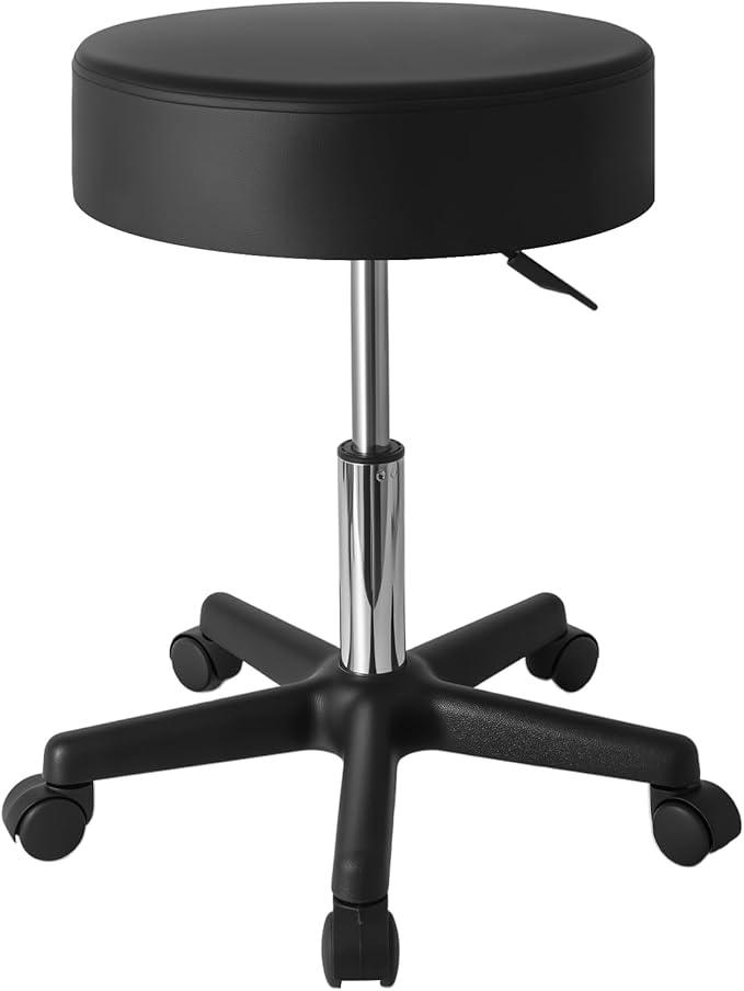 Hydraulic Adjustable Rolling Stool with Wheels, 360° Swivel Office Chair, 400LBS - for Salon, Tattoo, Barber, Massage, PU Leather, Easy-Clean, Whisper-Quiet Casters, Black