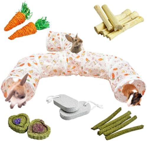 PINVNBY Large Rabbit Tunnel，Collapsible Rabbit Tunnels for Indoor Bunnies Bunny Hideout with 5 Types of Chewing Toys for Ferret Kitten Small Animals (Faucet Shape)