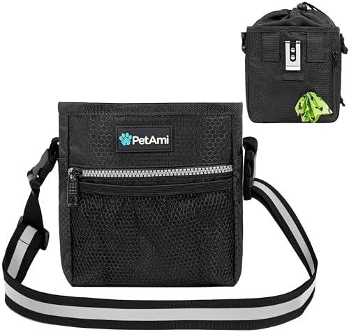 PetAmi Dog Treat Pouch, Pet Treat Pouch for Training, Dog Walking Bag Holder for Kibbles, Pet Food Toy, Dog Trainer Essentials Supplies, Poop Bag Dispenser, 3 Ways to Wear (Black)