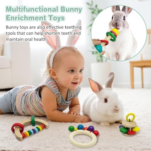 PINVNBY 4 PCS Wooden Bunny Toys Interactive Rabbit Toys Multi-Colored Guinea Pig Teeth Grinding Toy for Chinchillas Hamsters Rats and Small Animals Indoor Outdoor Playing