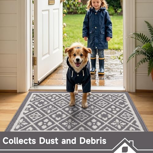 Ileading Indoor Door Mat 24" X 36"Absorbent Dog Muddy Paws Mat Low-Profile Entrance Small Runner Rug With Non-Slip Rubber Backing Machine Washable Inside Welcome Mat For Hallway,Entryway,Kitchen(Grey)