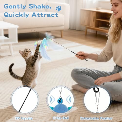 Pawaboo Cat Feather Wand Interactive Toy, 2 Feathers + 1 Wand with Bell
