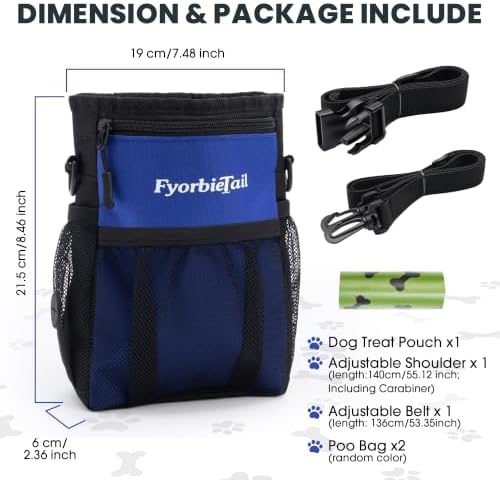 FDog Treat Pouch, 4 Cup Training Bag, Magnetic Closure, 3 Way Wear, Blue | 600D waterproof Oxford fabric, multi pocket storage, zipper and mesh pockets, pull out poop bag dispenser, includes 2 rolls