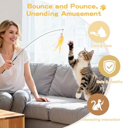 Pawaboo Cat Feather Wand Interactive Toy, 2 Feathers + 1 Wand with Bell