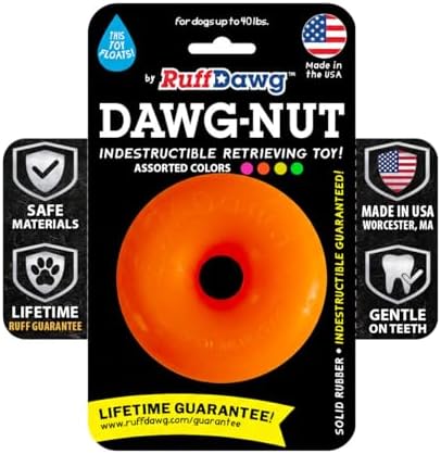 Ruff Dawg Dawg-Nut Medium 3.5” Orange – Heavy-Duty Solid Rubber Donut Dog Chew Toy for Dogs Under 40 lbs – Floats & Bounces – Made in USA