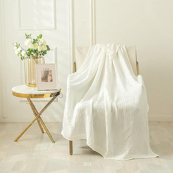 EMME Cotton Muslin Twin Blanket Breathable Gauze Soft Lightweight Adults Gifts for Women (White,60"x80")