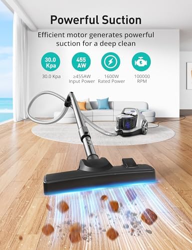 Aspiron Canister Vacuum, Upgraded 1600W Bagless Canister Vacuum Cleaner | Auto Cord Rewind, H13 HEPA Filter, 4Qt Large Capacity, 5 Tools for Hard Floors, Carpet, Pet, Upholstery, Tiles, Wineberry
