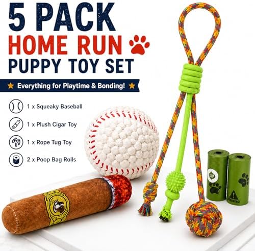 Dog Toys for Small Dogs, 5 Pack Puppy Toys with Squeaky Baseball Toy, Plush Cigar Toy, Rope Tug Toy & Poop Bag Rolls, Interactive Puppy Chew Toys for Teething Puppies, Small Breed Dogs(White)