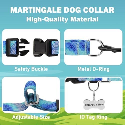 Martingale Collar with Buckle Blue Tie Dye Training Collar Adjustable Nylon Boy Dog Collars (Blue Teal, Small)
