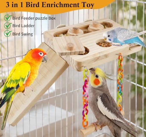 FlidRunest Wooden Bird Foraging Puzzle Platform Swing with Climbing Ladder for Parrots, Parakeet, Cockatiel, Sun Conures - Birds Interactive Mental Enrichment Toy, Bird Seed Slow Feeder Toy for Cage