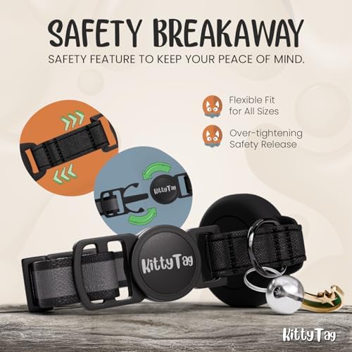 AirTag Cat Collar – Breakaway Reflective & Waterproof Collar with Built-in Holder, Adjustable with Bell for Indoor/Outdoor Cats – AirTag Not Included (Black, 9–12")