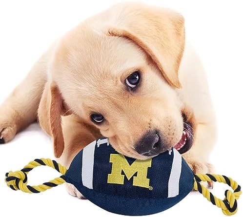 Pets First NCAA Michigan Wolverines Football Dog Toy, Tough Quality Nylon Materials, Strong Pull Ropes, Inner Squeaker, Collegiate Team Color