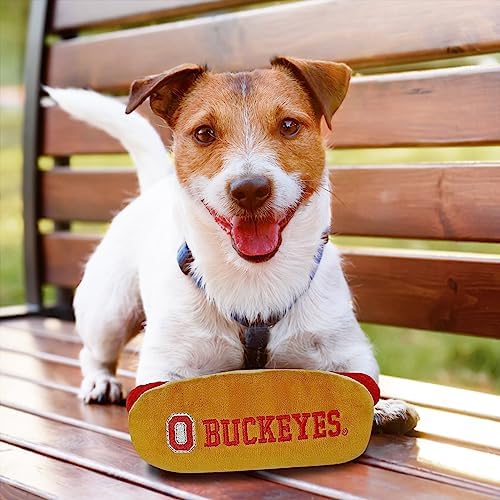 NCAA Ohio State Buckeyes HOT Dog Plush Dog & CAT Squeak Toy- Cutest HOT-Dog Snack Plush Toy for Dogs & Cats with Inner Squeaker & Beautiful Football/Basketball Team Name/Logo