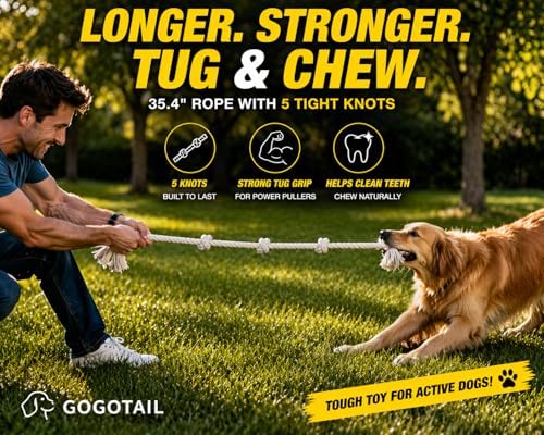 35" Dog Rope Tug Toy – 5-Knot Cotton Rope, Perfect Balance for Tug & Chew, Durable Interactive Toy for Medium & Large Dogs (22–88 lbs), Indoor & Outdoor, Washable, White