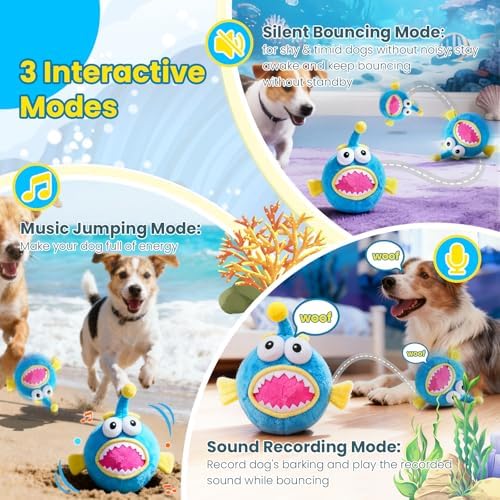 UPGRADED Interactive Moving Dog Toy, Bouncing Dog Toy with Rouncing Ball, Squeaky Plush Electronic Dog Toy for Small Medium Large Dogs, Vibrating Music Recording Mode to Keep Them Busy (Lanternfish)