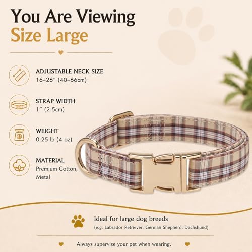 Soft Cotton Dog Collar Classic Plaid Pet Collars with Metal Clasp for Large Dogs with Sensitive Skin, Camel Brown