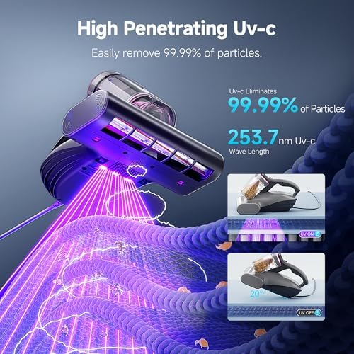 uwant 16Kpa Mattress Vacuum Cleaner 450W Powerful Bed Vacuum Set of 1 | 36000RPM Tap Bed Vacuum, 253.7 UV-C Light, 149℉ Hot Air, Dust Indicator Mattress Vacuum with HEPA Filter, Dual Cup for Bed
