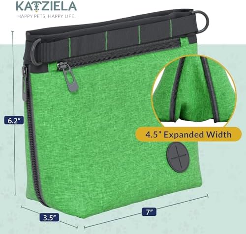 Katziela Expandable Pet Treat Pouch - Hands Free Dog Treat Pouch, Quick Access Magnet Closure - Anti Spill Dog Treat Bag - Treat Pouches for Pet Training, Adjustable Shoulder Strap & Belt Clip (Green)
