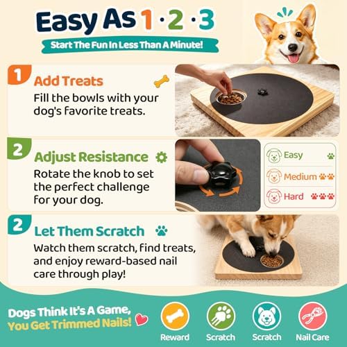 Dog Nail Scratch Board with Treat Box, 3-in-1 Wooden Pet Scratch Board for Nails, Adjustable Resistance Dog Nail File Toy for Stress-Free Grooming, Slow Feeder Puzzle Toy for Dogs