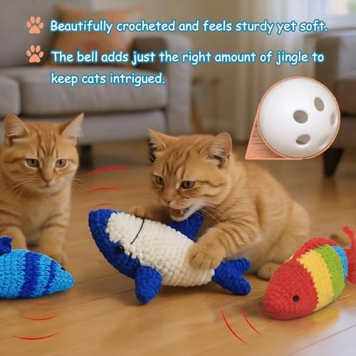 Catnip Fish Toy - Hand-Crocheted with Real Catnip & Bell, Interactive Kicker Toy for Cats Kitten, Soft & Safe for Biting