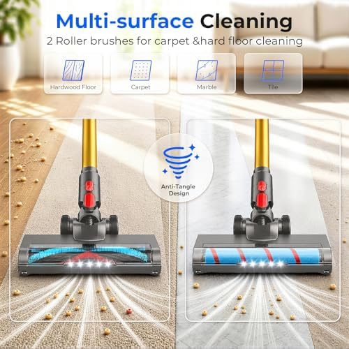 Cordless Vacuum Cleaner, 600W 55KPa Max 75mins Stick Vacuum for Pet Hair | LED Smart Display, Anti-Tangle Brush, 2.5H Fast Charge, 1.5L Dust Cup, 2 Rollers, Handheld Cleaning for Hard Floors, Carpet