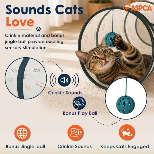 ASPCA Cat Tunnel with Rattle Toy – Interactive Collapsible Cat Tunnel for Indoor Cats, Crinkle Play Tunnel with Hanging Rattle Toy, Encourages Hiding, Chasing, Pouncing & Active Play, Fish Printed
