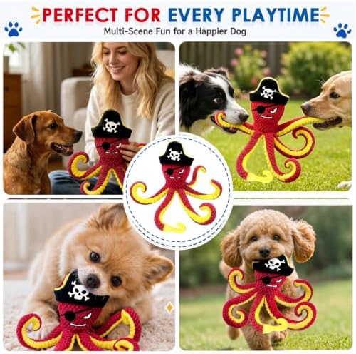 MAXBECK Interactive Octopus Dog Toy, Plush Dog Toy with Crinkle Paper & Squeaker, Tug of War Dog Toy for Small Medium Large Dogs, Soft Dog Chew Toy for Indoor Play, Puppy Training (I-Octopus-Red)