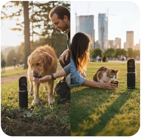 Mon Chateau 14oz Portable Dog Water Bottle with 4 oz Snack Storage, Double Walled Stainless Steel Body, Leak-Proof, Dishwasher Safe Pet Travel Bottle for Dogs, Cats & Outdoor Use, Black