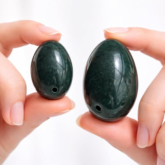 Nephrite Jade Stone Eggs 3-Piece Set – Large, Medium & Small | Side-Drilled, Smooth Hand-Polished Natural Stone with String, Cleaning Brush, Instructions & Certificates | Polar Jade
