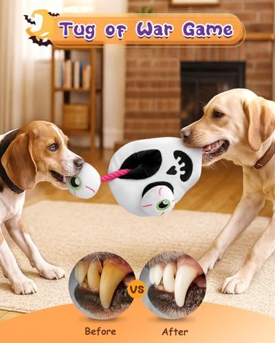 Swooflia Halloween Tug of War Dog Toy-Squeaky Plush Toy with Rope for Medium Large Breed Dogs to Keep Them Busy, Funny Skull Interactive Doggie Toys
