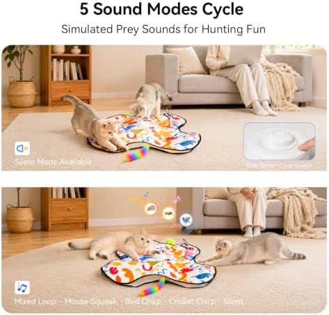 Interactive Cat Toys for Indoor Cats, 3 in 1 Hide and Seek Cat Toy with Moving Feather and Fluttering Butterfly, Rechargeable Touch Activated Automatic Kitten Toy, Squeaky Sound, 3 Modes