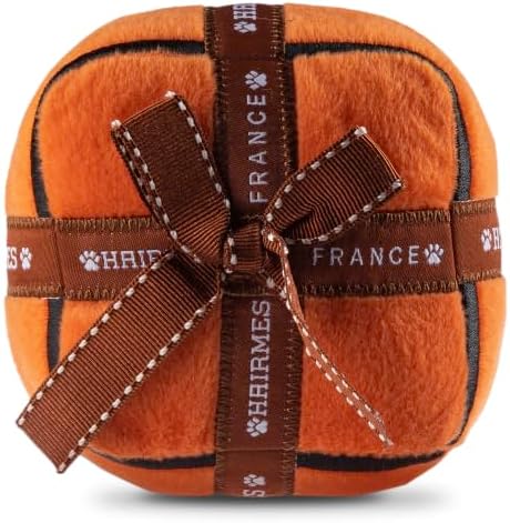 Dog Diggin Designs Hairmes Box Plush Dog Toy – Fashion Inspired Squeaky Parody Dog Toy, Soft Luxury Style Gift Box Toy for Small to Medium Dogs, Cute Interactive Pet Toy
