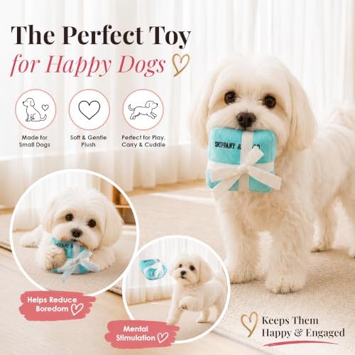 Dog Diggin Designs Sniffany & Co Small Plush Dog Toy Box | Luxury-Inspired Parody Designer Gift Box with Built-in Squeaker, Soft Plush Interactive Dog Toy – Thinking Outside The Box!