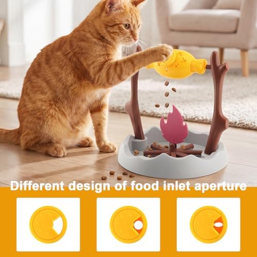Cat Slow Feeder Puzzle Toy, Rotatable Campfire Roast & Flame Interactive Treat Dispenser for Indoor Cats, Dry Food/Treat Dispensing Enrichment Toy for Mental Stimulation and Slow Eating