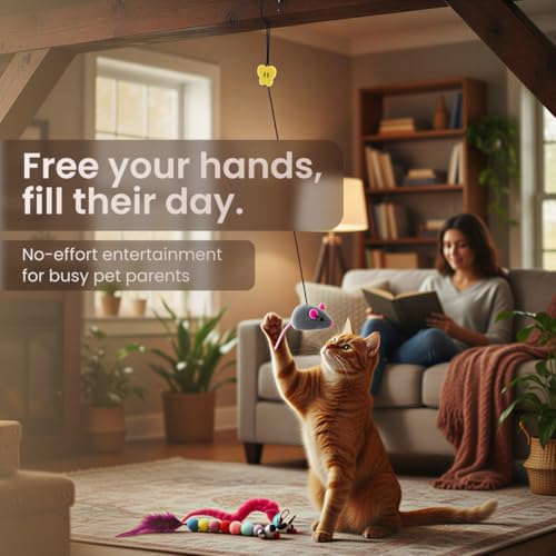 Interactive Cat Toys for Indoor Cats - Hanging Door Cat Toy with Bouncy Mouse and Bell - Door-Mounted Fun Toy for Cats at Home - Includes 2 Bonus Attachments