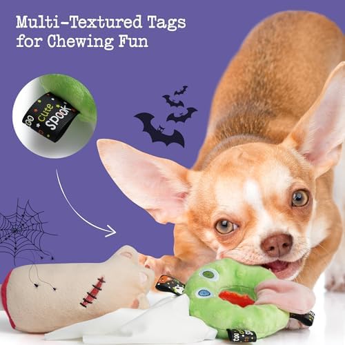 Fuzzwoof 5 Pack Halloween Dog Squeak Toys, Spooky Snacks + Skull Rope Large Dog Tug Toys, Food Theme Plush Puppy Interactive Toys for Fun & Teeth Cleaning