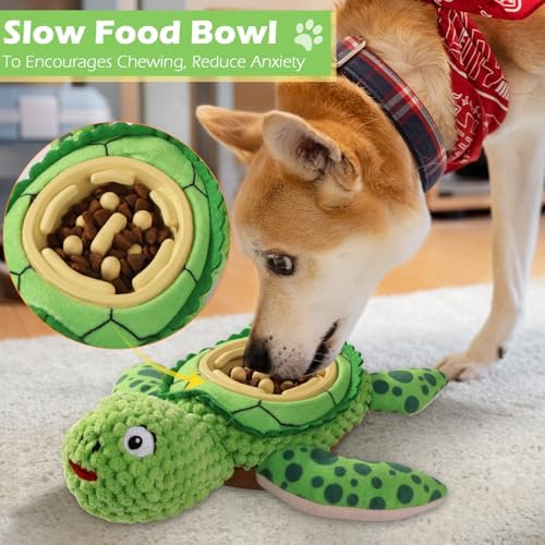 Interactive Dog Toy, Green Turtle Plush with Slow Feeder Bowl, Squeaky Chew Toy