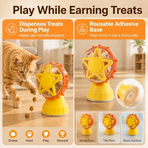 Interactive Cat Toy for Indoor Cats, Treat Dispenser with Reusable Adhesive Base, Feather & Plush Teasers for Exercise and Independent Play