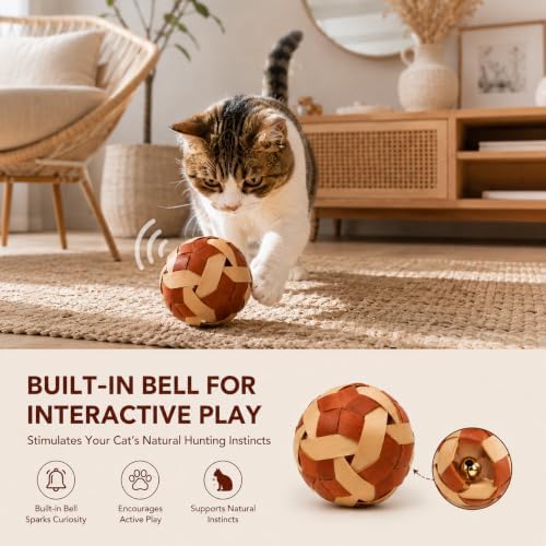Handmade Bamboo Woven Cat Toy Balls with Bell, Natural Interactive Rolling Toy for Indoor Cats, Lightweight Eco-Friendly Pet Kitten Play Ball, Unique Gift, 3.15 Inches(8cm), 2-Pack