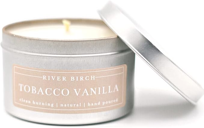 River Birch Candles Tobacco Vanilla Scented Candle | Premium, All-Natural, Non-Toxic, Soy Candles | 8 oz. Silver Tin Travel Candle | Cozy Relaxing Gifts for Home