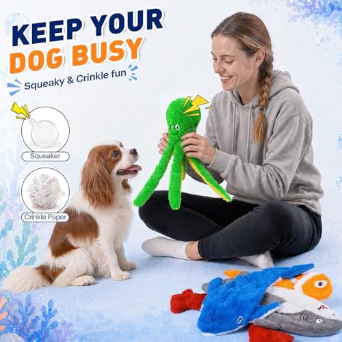 No Stuffing Squeaky Crinkle Dog Toys, 5-Pack Ocean Animal Plush Set