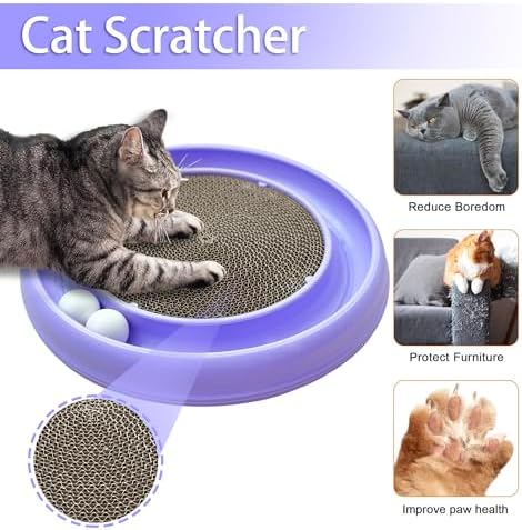 Interactive Cat Ball Track Toy for Indoor Cats, Cat Scratching Board & Exercise Set for Bored Indoor Adult and Kitten Mental & Physical Stimulation, with Spare Ball to Prevent Loss (Purple)