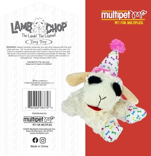 Multipet Lamb Chop Dog Plush Toy w/Birthday Hat - Squeaky Toy for All Dogs - Soft Plush - Stuffed Animal Dog Toys for Playing - Cute Birthday Toy (10.5”, Pink Hat, 5 Squeakers)