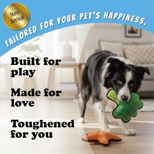 Durable Plush Dog Toys, 2 Pack Pet Squeaky Chew Toys, Double Layer Reinforced Interactive Pet Toys for Aggressive Chewers, Tough Toys for Medium and Large Dogs (Orange Starfish+Green Broccoli)