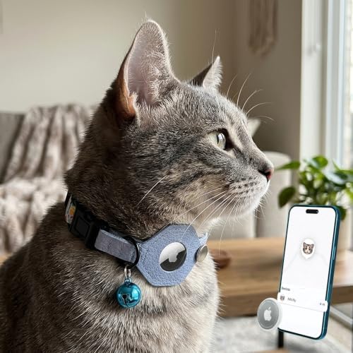 Breakaway Cat Collar with Leather AirTag Holder & Bell - Apple Air Tag Cat Collars for Girls & Boys, Lightweight Anti-Lost GPS Tracker Design, Printed Pattern - Safety and Adjustable (Floral)