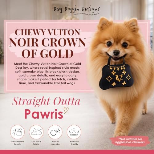 Dog Diggin Designs Chewy Vuiton Crown of Gold Plush Dog Toy | Luxury-Inspired Parody Royal Crown with Squeaker, Soft Plush Statement Dog Toy – Fashion-Forward Play